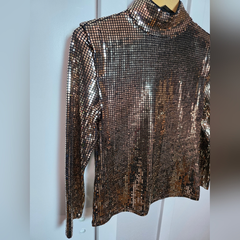 INC International Concepts Gold Metallic Mock Neck Long Sleeve Top - Size S - Picture 3 of 11